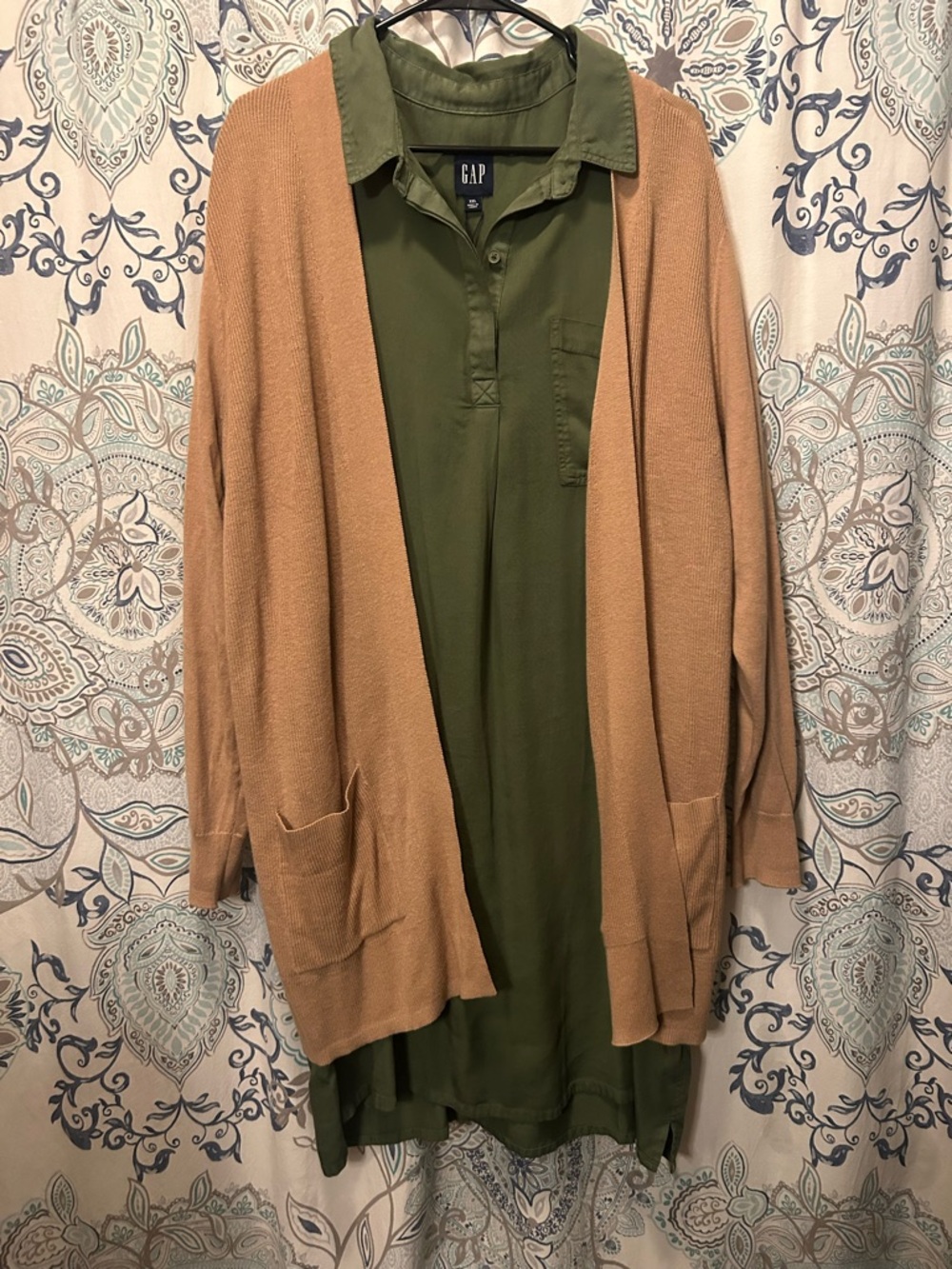 GAP Olive Green Shirt Dress with Camel Cardigan